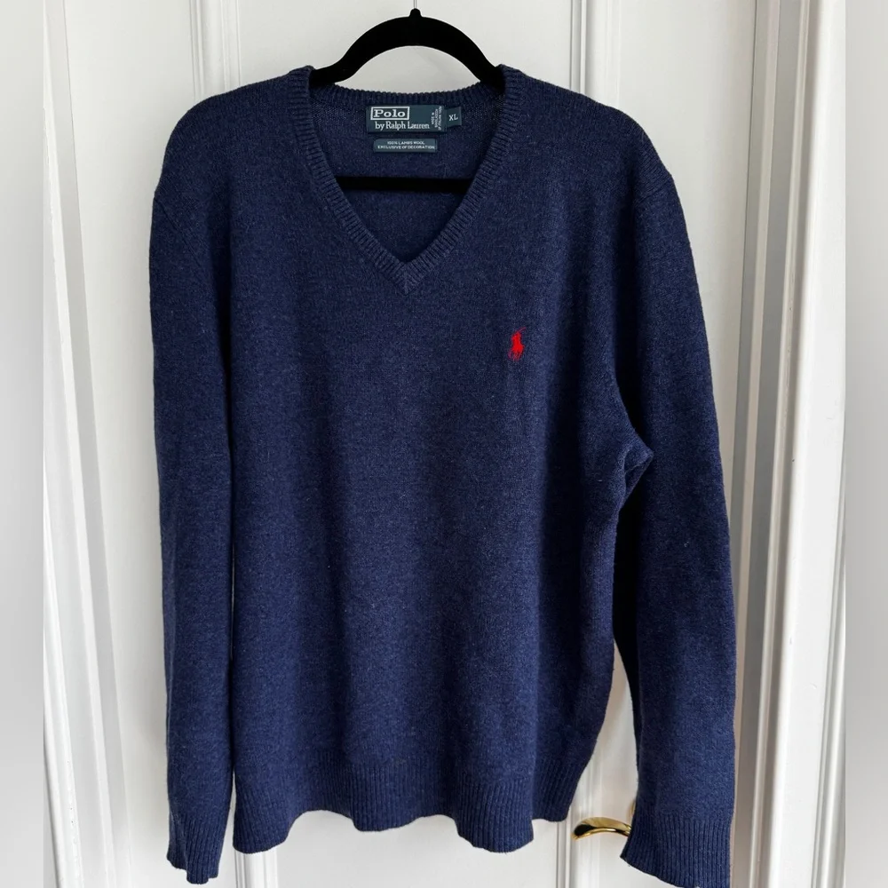 Vintage Polo Ralph Lauren Blue V Neck Lambs Wool Sweater XL - Picture 2 of 4